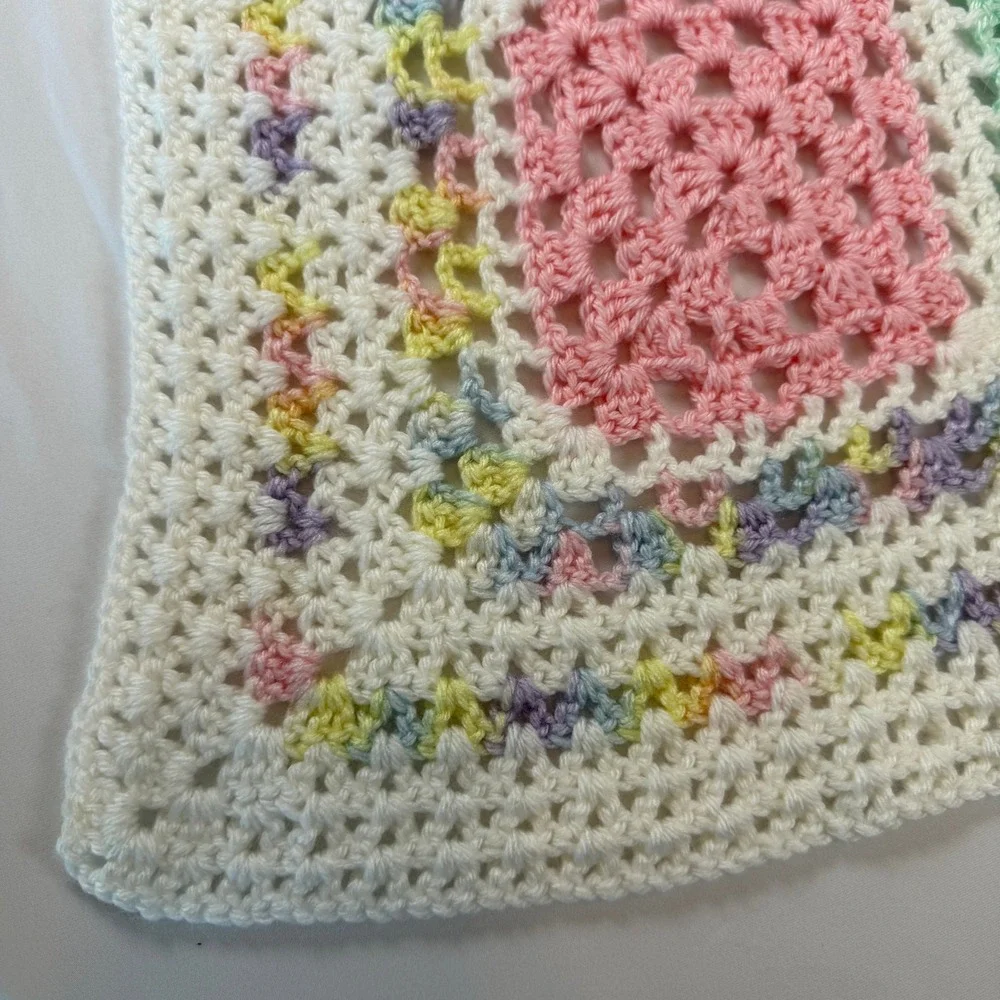 Handmade Crochet Baby Blanket Pastel Granny Square White Trim 31x29 Vintage